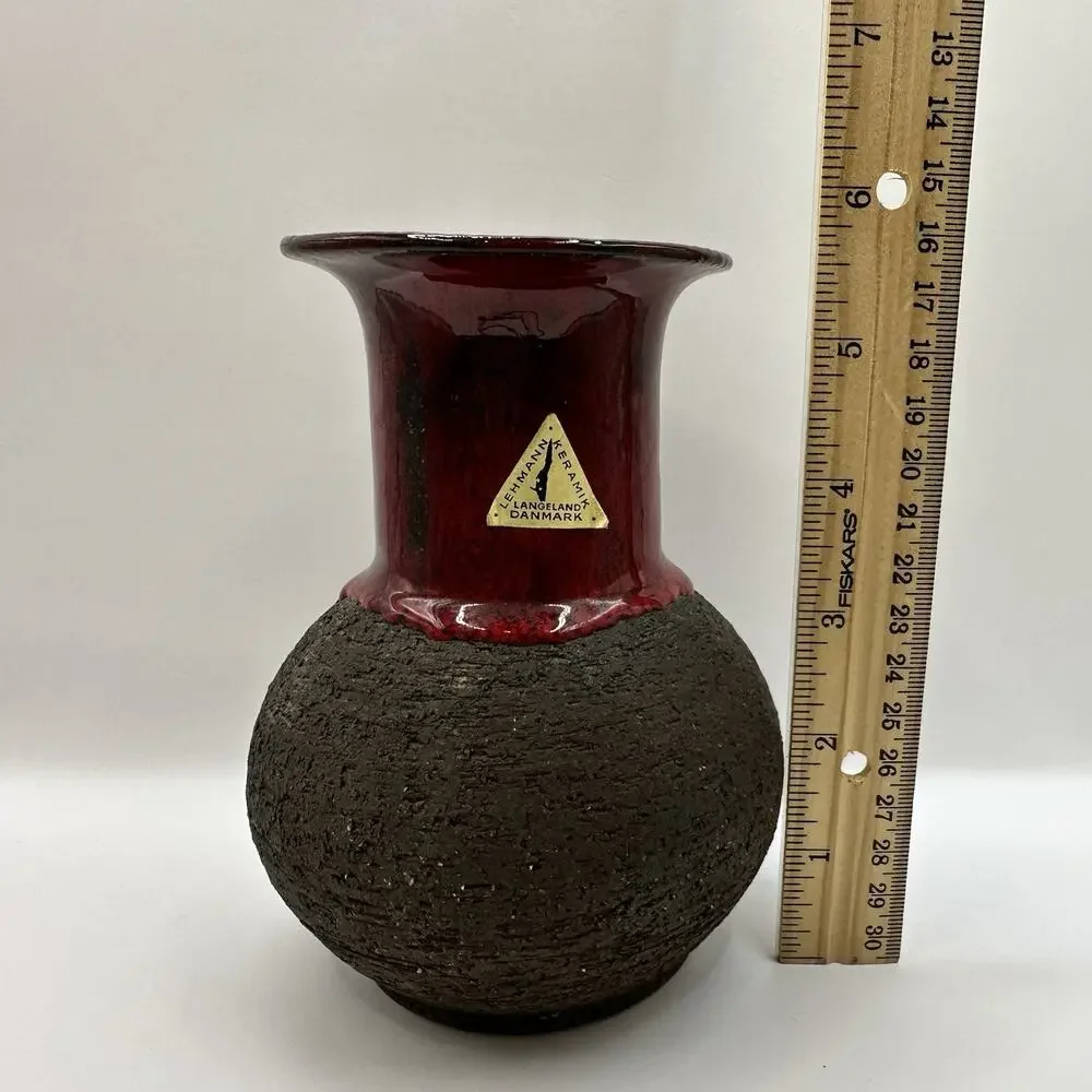 Lehmann Keramik Vase Fat Lava Mid Century Denmark Red Glaze Chamotte Fireclay